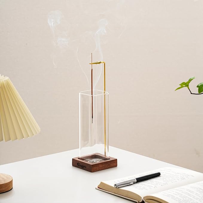 Ceremony Incense Holder,2 Pack Wood Incense Holder for Sticks with Glass Ash Catcher Ceremony Incense Holder