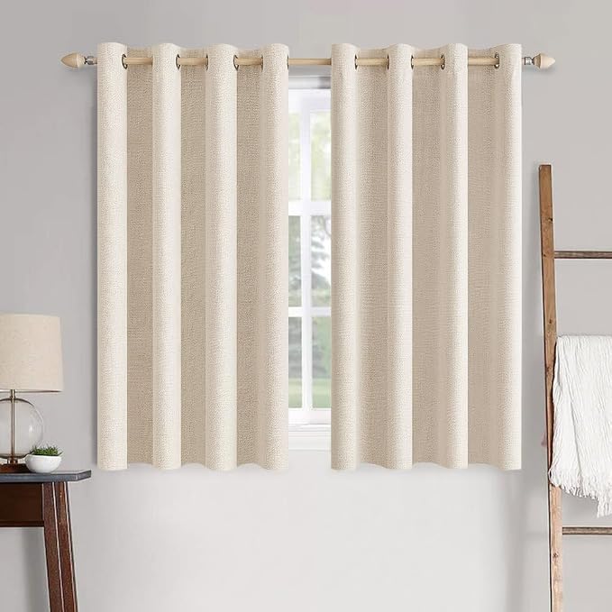 MIULEE 100% Blackout Linen Textured Curtains for Bedroom Solid Thermal Insulated Cream Beige Grommet Room Darkening Curtains & Drapes Luxury Decor for Living Room 52 x 63 Inch (2 Panels)