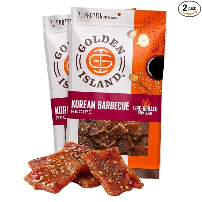 Golden Island Korean BBQ Pork Jerky - (2 Pack) 9 oz Resealable Bag - Fire-Grilled Specialty Meat Snack - Sweet & Savory Protein Snack - 7g Protein per Serving - Made with 100% All-Natural Pork