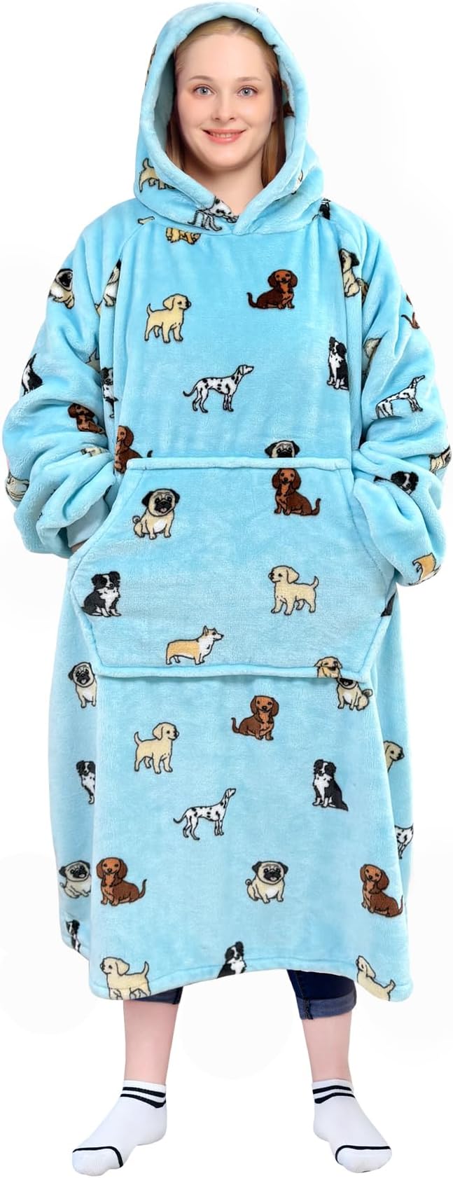 Waitu Wearable Blanket Sweatshirt Gifts for Women and Men, Warm and Cozy Giant Blanket Hoodie, Thick Flannel Blanket with Sleeves and Giant Pocket - Light Blue