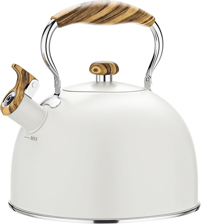 2.6 Quart Tea Kettle Stovetop Whistling for Stove Top, Cream | Food Grade Stainless Steel Tea Kettles with Cool Wood Pattern Handle, Induction Compatible