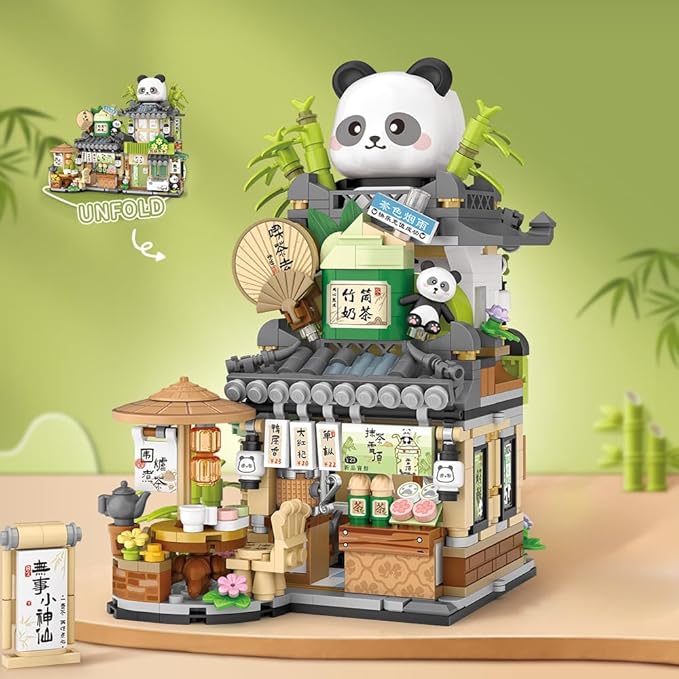 City Tea House Building Blocks Set, Openable Panda Construction Tea Shop Building Toys for Boys Girls Age 8+, 860pcs Mini Bricks