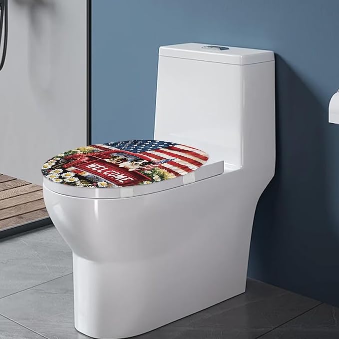 American Flag Dog Toilet Seat Covers for Bathroom US 250 Years Decorations Snowman Toilet Seat Covers with Elastic Bottom Soft Bathroom Replacement Easy to Clean