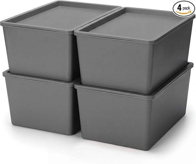 4 Pcs Storage Bins with Lids Plastic Stackable Containers for Classroom Room Organizing Shelves Christmas Ornament Box Baskets(Gray,Large)