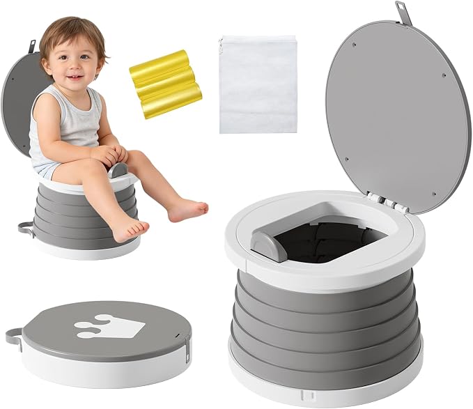 Portable Foldable Toddler Travel Potty - Medium Potty Seat, Emergency Toilet for Car Camping Hiking, Lightweight Potty Chair for Indoor Outdoor Toddler Use (Gray)