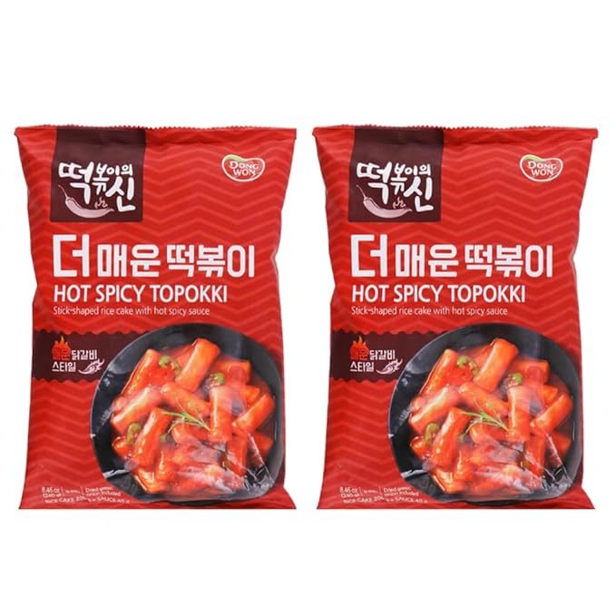 DONG WON Topokki with Hot Spicy Sauce, Korean Rice Cake Stick, Korean Street Food, 8.46 OZ (240 G) - 2 Pack