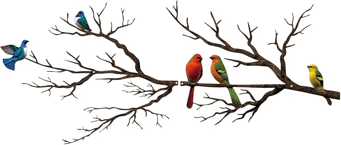 ESTART Metal Birds Wall Art, Metal Vivid Birds on Branch Silhouette Wall Decor Black Leaves with Bird Outdoor Hanging Wall Sculpture for Home Balcony Garden (Vintage Color, Large)