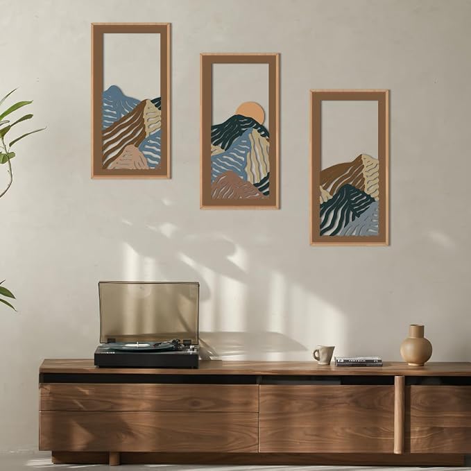 IARTTOP Abstract Mountain Wood Framed Wall Art 8x16 Inch Set of 3 Textured Minimalist Landscape Wooden Wall Decor Modern Colorful Line Artwork for Living room Bedroom Office