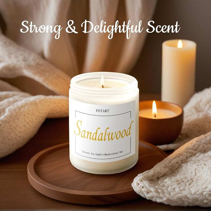 Sandalwood Scented Candles for Home, Natural Soy Wax Aromatherapy Santal Candle Gifts for Women & Men, Handmade Highly Scented & Long Lasting Non Toxic Jar Candle for Stress Relief (9oz