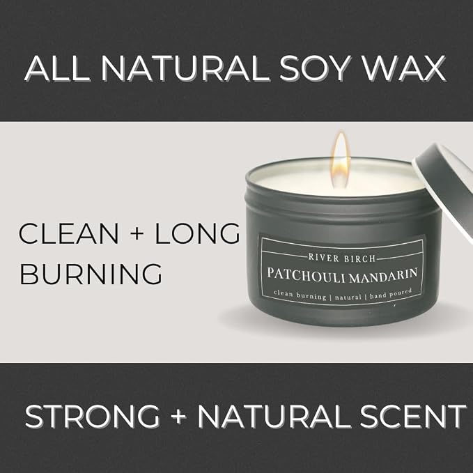 River Birch Candles Patchouli Mandarin Scented Candle | Premium, All-Natural, Non-Toxic, Soy Candles | 8 oz. Black Matte Tin Travel Candle | Cozy Relaxing Gifts for Home
