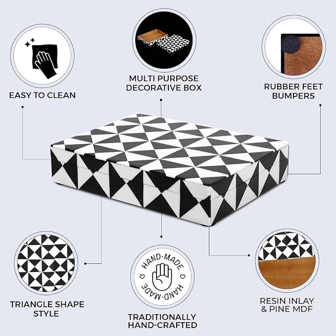 Handicrafts Home Decorative Storage Box with Lid, Black and White Decorative Box for Remote Controls, Slim Coffee Table Storage Box for Shelf, Desk & Living Room Decor, Triangle 8 x 6 x 1.5 Inch