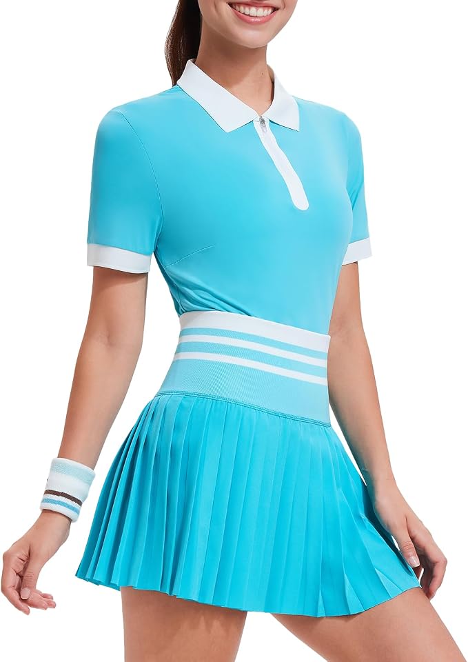 Tennis Skirt Sets for Women Zipper Color Block High Waisted Golf Polo Two Piece Skirt Set Women 2 Piece Outfits