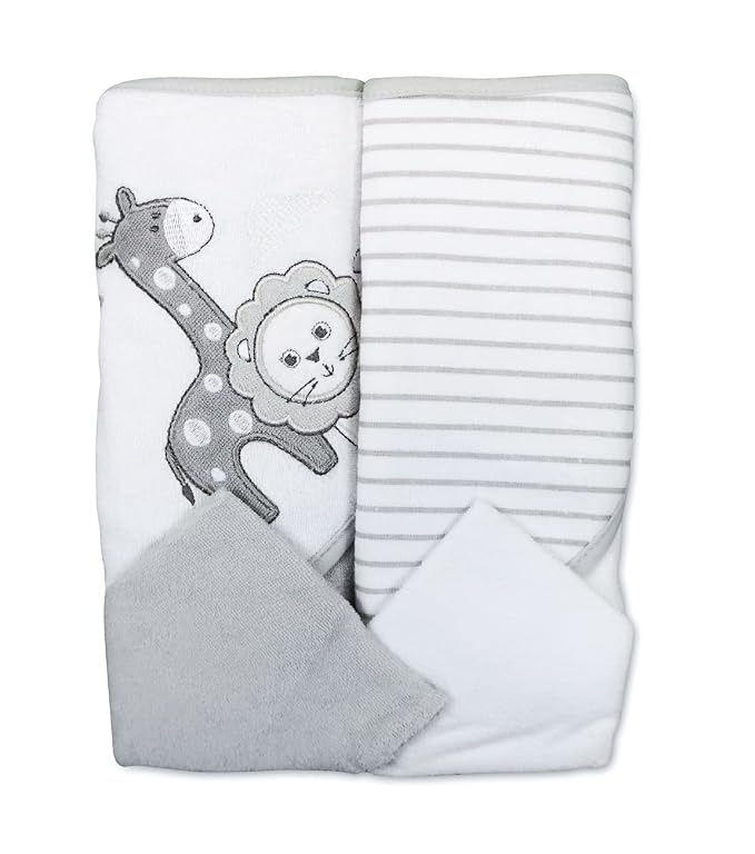 Spasilk Bath Hooded Towels & Washcloths Set for Babies, 2 Hooded Terry Bath Towels & 2 Washcloths, Grey Lion
