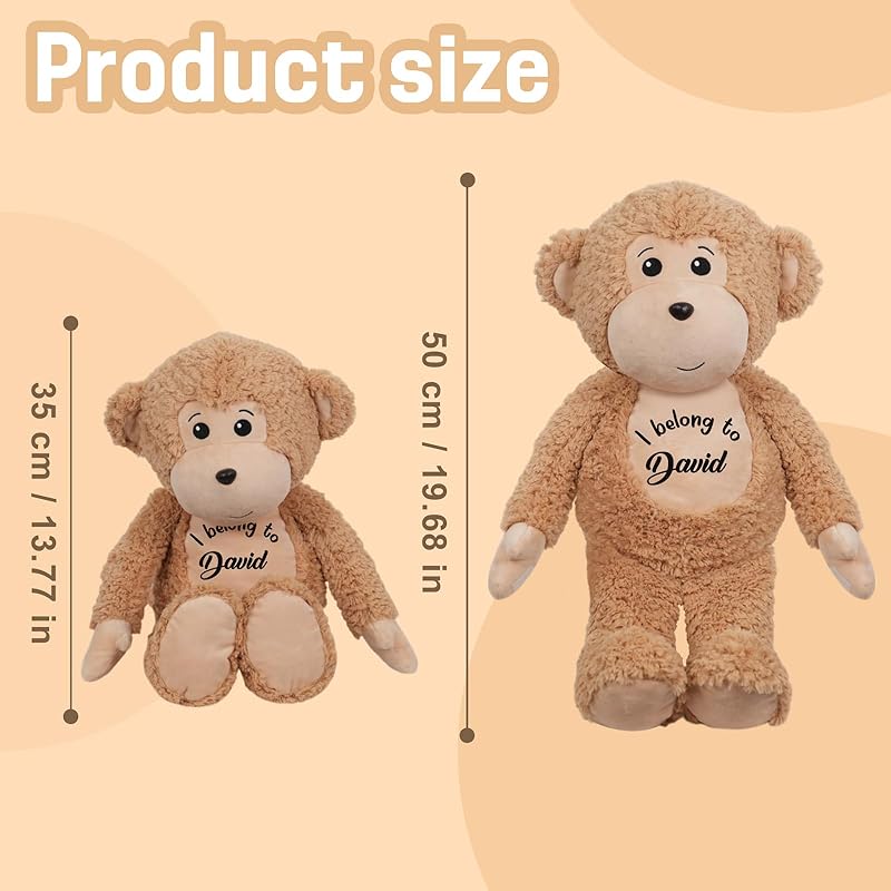 Personalized Monkey Stuffed Animal, 19.6 Inch Monkey Plushie with Custom Name Date Message, Hanging Monkey Jungle Style Room Decor Soft Cuddle Gift for Baby Toddler Boy Girl Kids