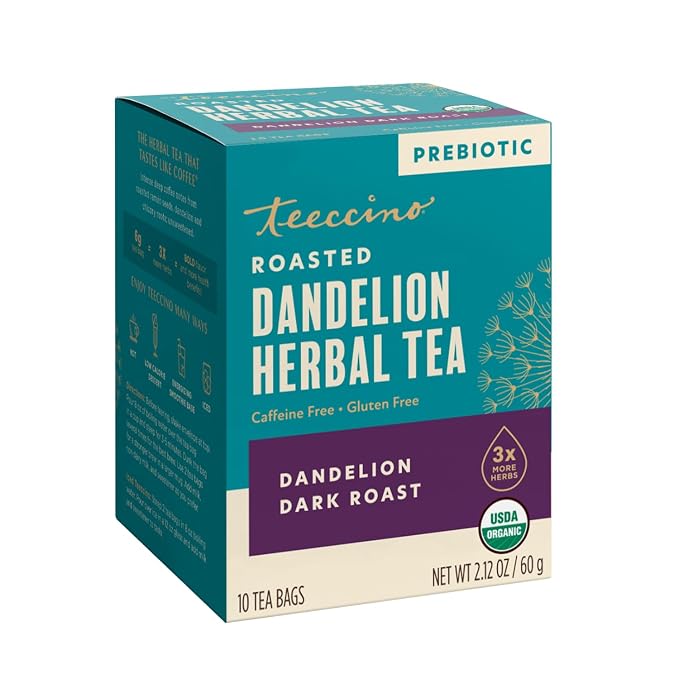 Teeccino Dandelion Tea – Dark Roast – Rich & Roasted Herbal Tea That’s Caffeine Free & Prebiotic with Detoxifying Dandelion Root, 10 Tea Bags (Pack of 4)
