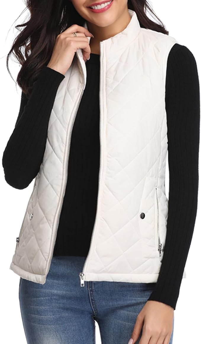 Fuinloth Women's Quilted Vest Lightweight Puffer Stand Collar Zip Gilet | 4 pockets with 2 inner storage. Quilted padded warm gilet. Fall winter outerwear layering vest for travel hiking daily wear.