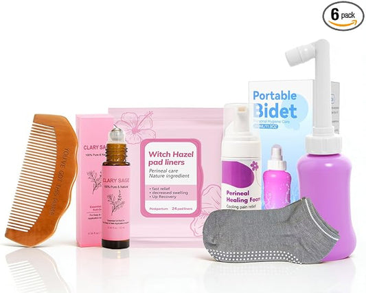 6 Pcs Labor & Postpartum Essentials Recovery Kit , Includes Labor Comb,Clary Sage Oil,Peri Bottle,24 Pad Liners, Perineal Soothing Foam,Socks,Hospital Bag Must Haves for New Mom