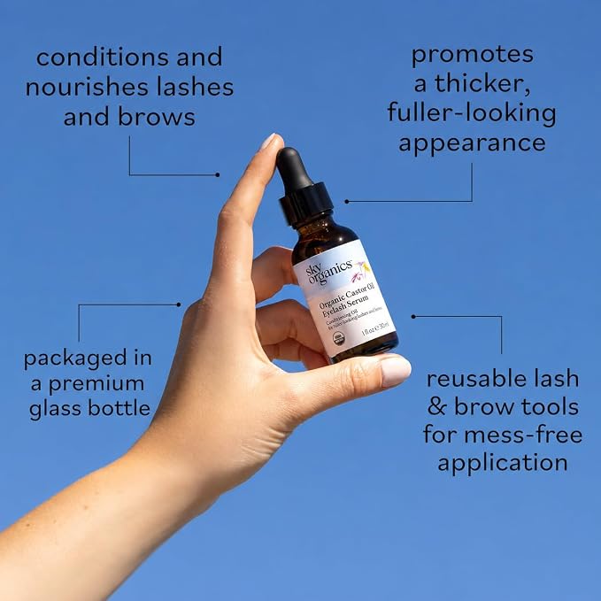 Sky Organics - USDA Organic Castor Oil Eyelash Serum (1 fl oz/30 mL) Brown Glass Bottle for UV Protection - Fuller-Looking Eyebrow & Lash Serum - Conditioning Hair Oil - Vegan, Cruelty Free, Self Care