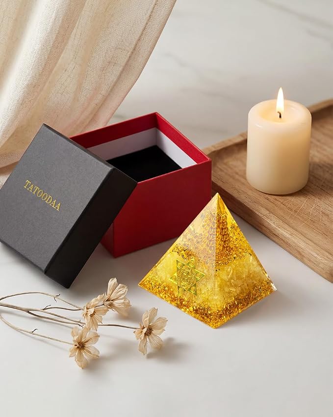 Healing Crystals Orgone Pyramid (Hexagram - Star of David) - Energy Generator for Positive Vibe, Stress Relief & Chakra Reiki Meditation - Spiritual Gift for Success, Wealth & Prosperity (Golden)