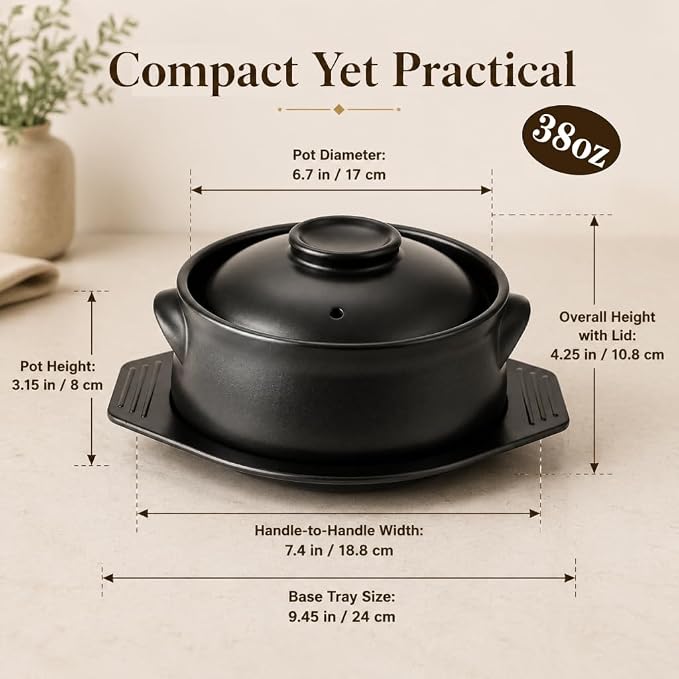 1 Pcs Korean Stone Pot Clay Cooking Pot Set, 38 oz Heat Resistant Ttukbaegi,Ceramic Dolsot Bowl with Lid & Trivet, ideal for Bibimbap, Korean Soup, Stew, Ramen & Rice