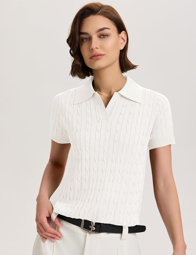 Micoson Womens Short Sleeve Sweater Tops Lapel V Neck Polo Shirts 2026 | Summer Cable Knit Loose Blouses, Business Casual Outfits