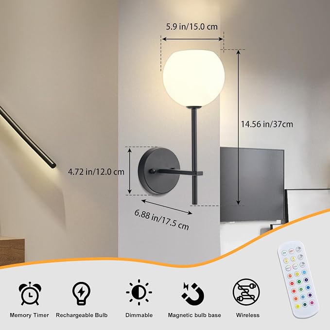 Black Battery Operated Wall Sconces Set of 2, Rechargeable Wireless Wall Lights with Milky White Frosted Glass Shade, 12 RGB and 3CCT Dimmable, Wall Lamps with Remote for Bedroom Living Room Hallway