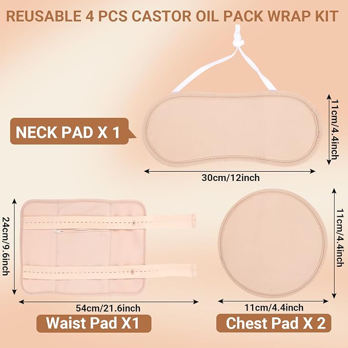 4 Pcs Castor Oil Pack Wrap Organic Cotton for Liver Detox, Stomach, Neck & Breast, Knee, Foot & Entire Body, Reusable Compress Castor Oil Pads Kit with Adjustable Elastic Strap, Anti Oil Leak