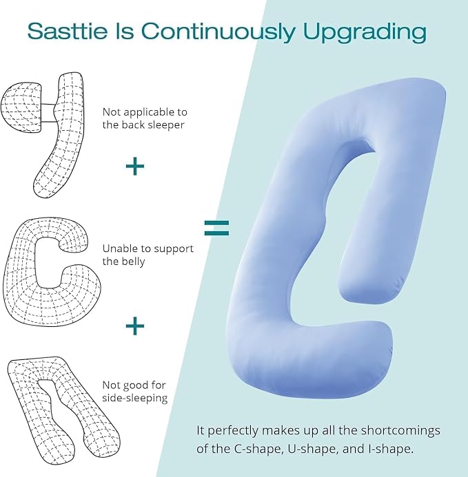 Sasttie Pregnancy Pillows for Sleeping, Jumbo U Shaped Cooling Full Body Pillow with Removable Cover, Pregnant Women Must Haves, Maternity Essential, Light Blue