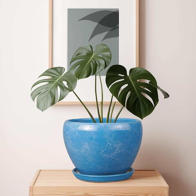 Ceramicfor 10 Inch Planter Pot - Ceramic Pots for Plants with Drainage Hole and Saucer, Round Large Flower Pot for Indoor Plants, Blue