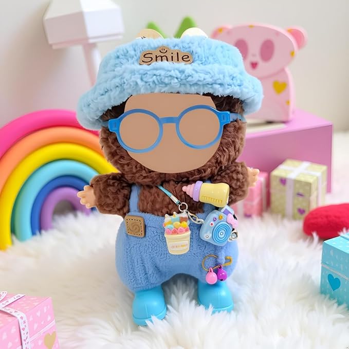 Doll Clothes Outfit and Accessories Suitable for 17cm Dolls, 5 Piece Set Romper Hat Camera Backpack Glasses Shoes (No Doll) Blue