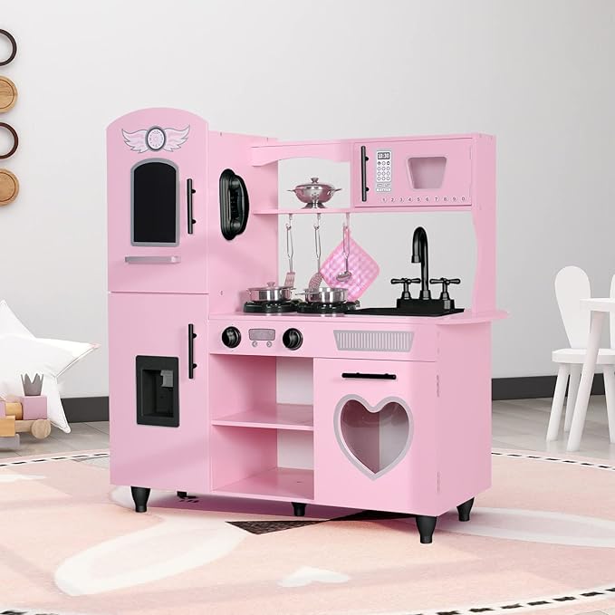 TaoHFE Play Kitchen, Pink Kids Kitchen Set for Girls Kitchen Set for Kids Ages 6-8 Gift Toddler Kitchen Set for Kid Age 3+ Kitchen Playset with Lights & Sounds Wooden Toy Kitchen Playset Gift