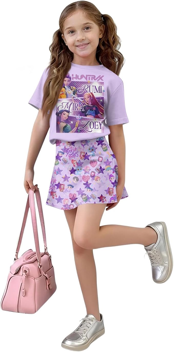 HTHLVMD K Pop Short Sleeve T-Shirt and Skirts Outfits Set for Girls Hunters Rumi Mira Zoey Graphic Tees De-Mon Costume