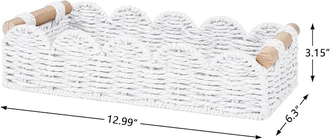 CubesLand Toilet Paper Storage Basket Organizer, Small Wicker Decor Basket | Toilet Tank Top Decorative Basket for Countertop, Handwoven Scalloped Basket W/Handle for Home Decor Living Room, White