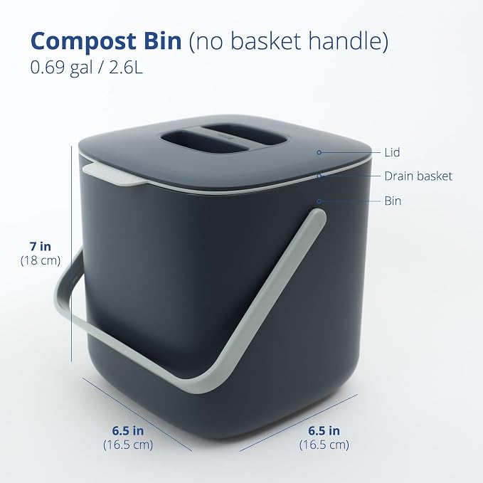 Blue Ginkgo Kitchen Compost Bin, 2.6L Countertop Compost Bin, Dark Grey | Odor-Tight. Filter-Free. Dishwasher Safe. (Standard)