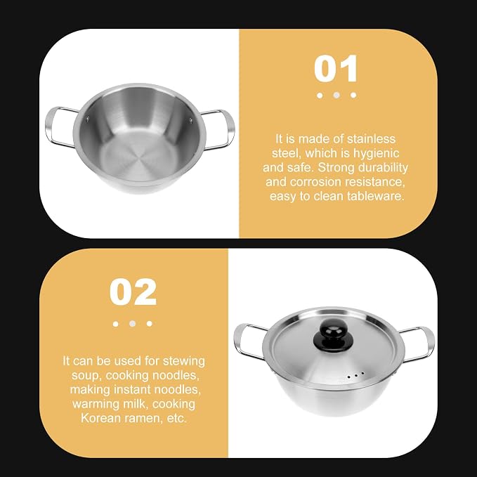 Korean Ramen Pot with Lid 16Cm Stainless Steel Double Ear Stock Pot Non-Stick Cookware for Household Instant Noodles and Seafood Cooking Compatible with Induction and Open Flame