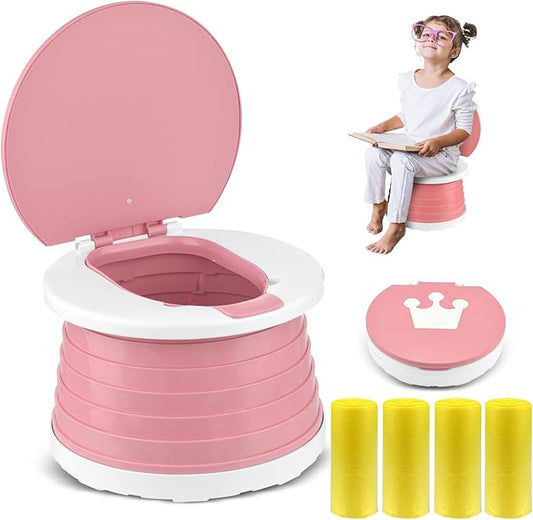 Portable Potty for Toddler Travel Foldable Potty Seat for Toddler Training Toilet for Kids Boys Girls Car On The Go Potty Travel Toilet Chair for Camping Park Indoor/Outdoor (Pink)