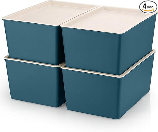 4 Pcs Storage Bins with Lids Plastic Stackable Containers for Classroom Room Organizing Shelves Christmas Ornament Box Baskets(Blue,Large)