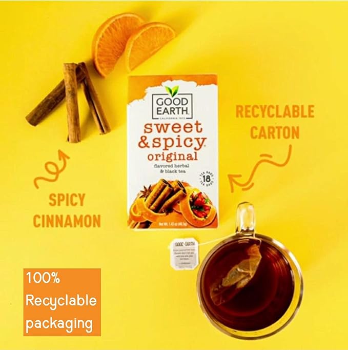 Good Earth Herbal & Black Tea, Sweet & Spicy, 18 Count Tea Bags (Pack of 12) (Packaging May Vary)