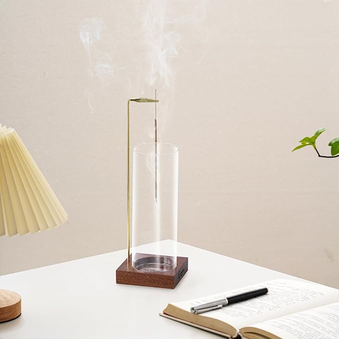 Ceremony Incense Holder, Wooden Incense Holder for Sticks with Glass Ash Catcher Inverted Scent Holder