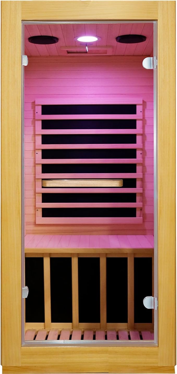 OUTEXER Infrared Sauna Room Indoor Saunas Home Obeche Wood 900W Low-EMF Dry Saunas Single Person Spa with 7 Color Light 32.3 * 28.3 * 61.4 inch