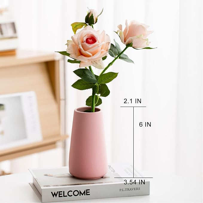 Simple Boho Ceramic Flower Vase for Home Decor (Solid Pink,Small) | 6'' Modern Cute Vase for Flower Plant Pampas Grass, Fit for Table Shelf Centerpieces, Living Room Bedroom Wedding Gift