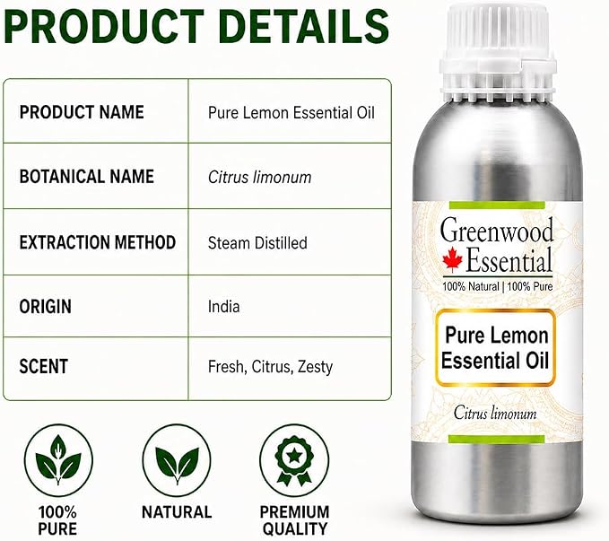 Greenwood Essential Pure Lemon Essential Oil (Citrus limonum) Steam Distilled 300ml (10.1 oz)