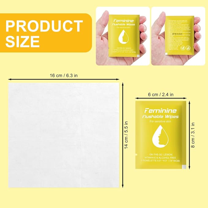twoworld 100 Feminine Wipes Flushable Travel Individually Wrapped | Travel Wipes for Women,Feminine Care Wet Wipes Travel Size Vaginal Wipes for Adult,Girl and Homeless(Lemon)
