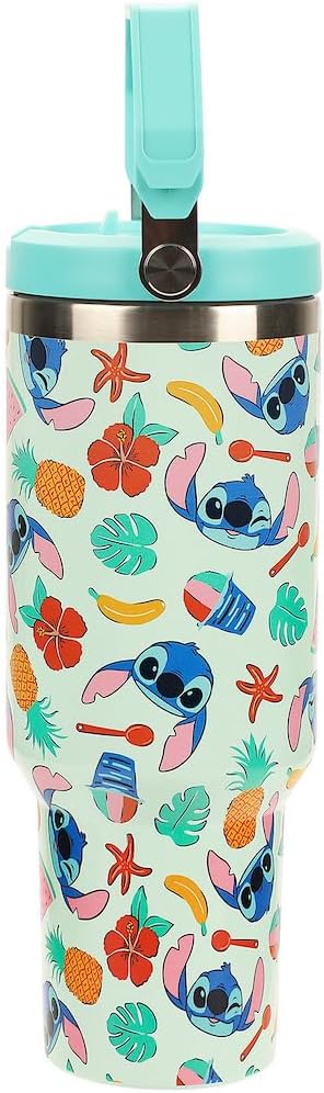Bioworld Lilo & Stitch All-Over Tropical Stitch Print Blue 40 Oz Stainless Steel Water Bottle