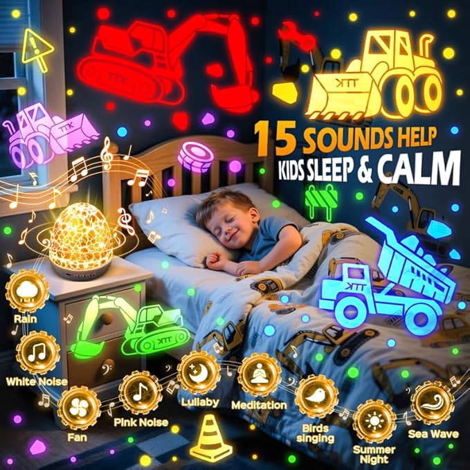 Pikoy Construction Excavator Toys【15 Sounds & 6 Films】Truck Toys for Ages 5-7[31 Colors & Remote Control] Dinosaur Egg Light for Nursery Toddler Boys Birthday Gifts 1-8 Years Old Easter Gifts for Kids