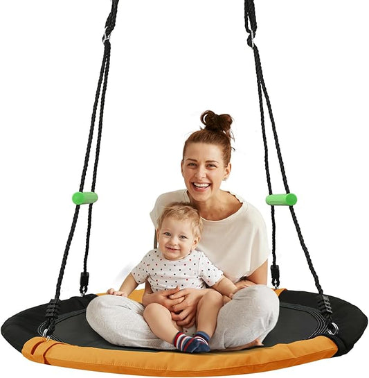 YSEJOMP 3.3FT Round Saucer/Tree Swing with Handles -Made of Sturdy Frame,PP Mat,Adjustable Multi-Strand Ropes,Safe and Durable for Yard Garden Playground Park (Black and Orange, 40 inches)