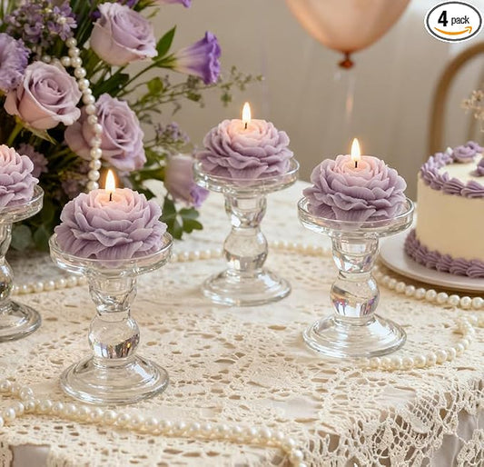 4 Pack Peony Flower Shaped Decorative Scented Candles, Floral Aromatherapy Decor for Wedding Bridal Shower, Dessert & Flower Cake Table, Birthday Gifts for Women Mom Wife (Purple)