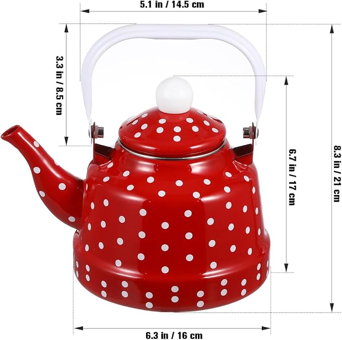 Cabilock Red Tea Kettle, 1.8 Quart Vintage Enamel Tea Kettle for Stovetop, Non-Whistling with Polka Dot Design and Ceramic-Style Handle, Retro Kitchen Decor Water Pot for Home Coffee