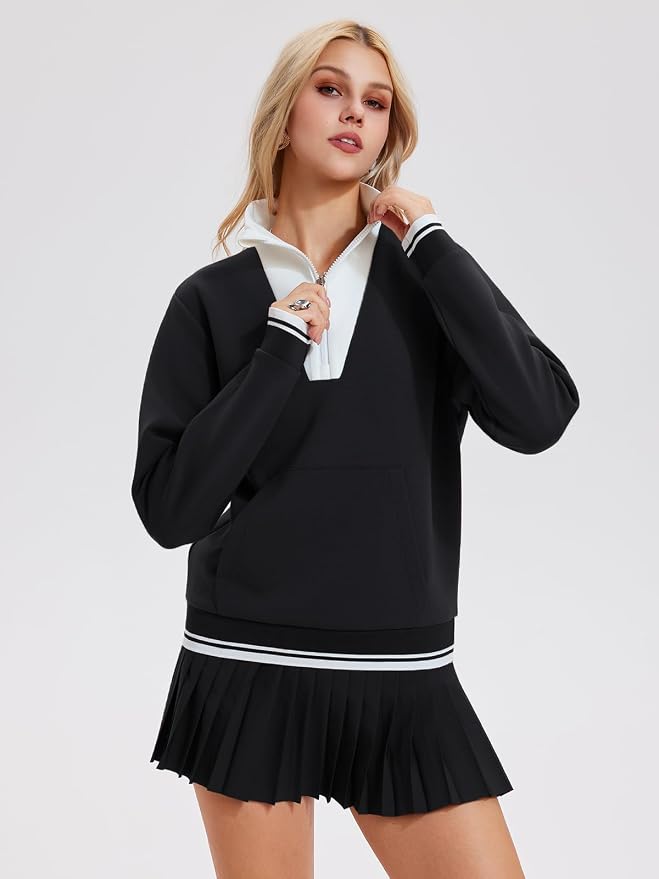 Airfree Women Two Piece Tennis Skirt Set Golf Outfits Half Zip Oversize Pullover Sweatshirt 2 Piece Skirt Sets with Pockets