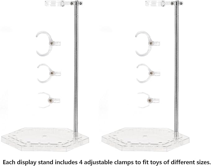 Action Figure Stand with Adjustable Metal Support Arm, Action Figure Display Holder Stand Base Compatible with HG RG SD SHF Gundam 1/144 Toy with Screwdriver (2Pcs Clear)